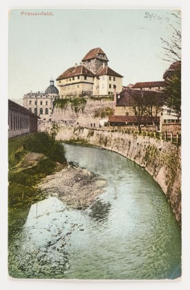 Postkarte: Murg und Schloss sowie Postgebäude von Süden in Frauenfeld